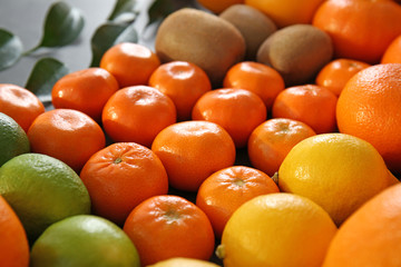 Beautiful composition of citrus fruits and kiwi, closeup