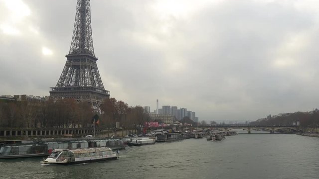 cloudy day paris city eiffel tower seine traffic river panorama 4k france
