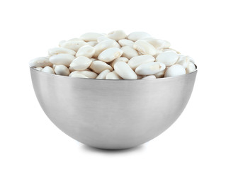 Metal bowl with butter beans on white background