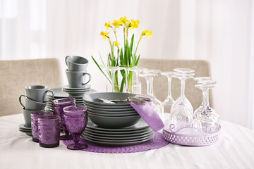 Set of dishware on table in restaurant