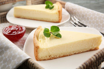 Composition with tasty cheesecake, closeup