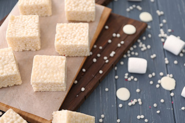 White crispy dessert on wooden background