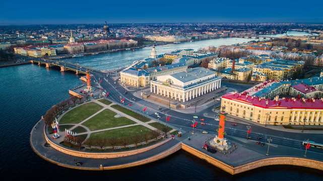 Spit of Vasilyevsky Island. St. Petersburg. Neva River. Summer view of Petersburg. Exchange. Rastral columns. The Cabinet of Curiosities. The Palace Bridge.