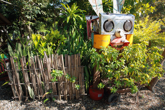 Funny DIY robot , garden decoration concept.