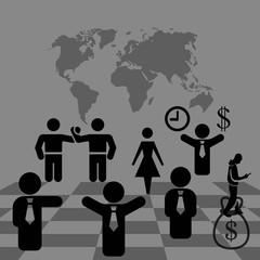 Business people team crowdy walk silhouette concept businesspeople group human resources over world map background vector icon