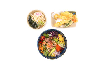poke bowl and udon and tempura combo on white