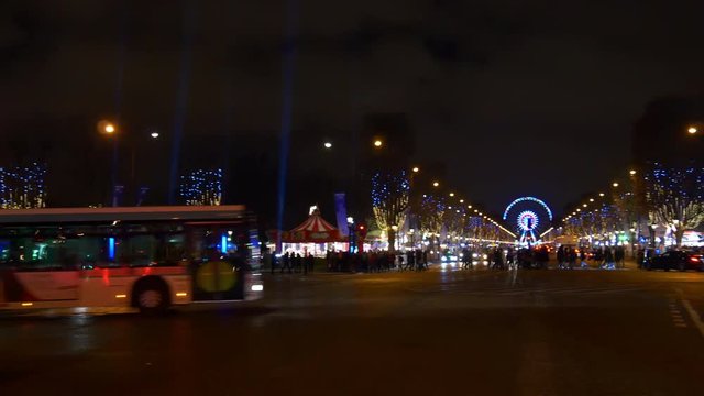 night illumination avenue des champs-elysees market traffic panorama 4k france
