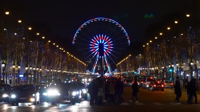 night light paris concord carusel traffic avenue des champs-elysees market panorama 4k france
