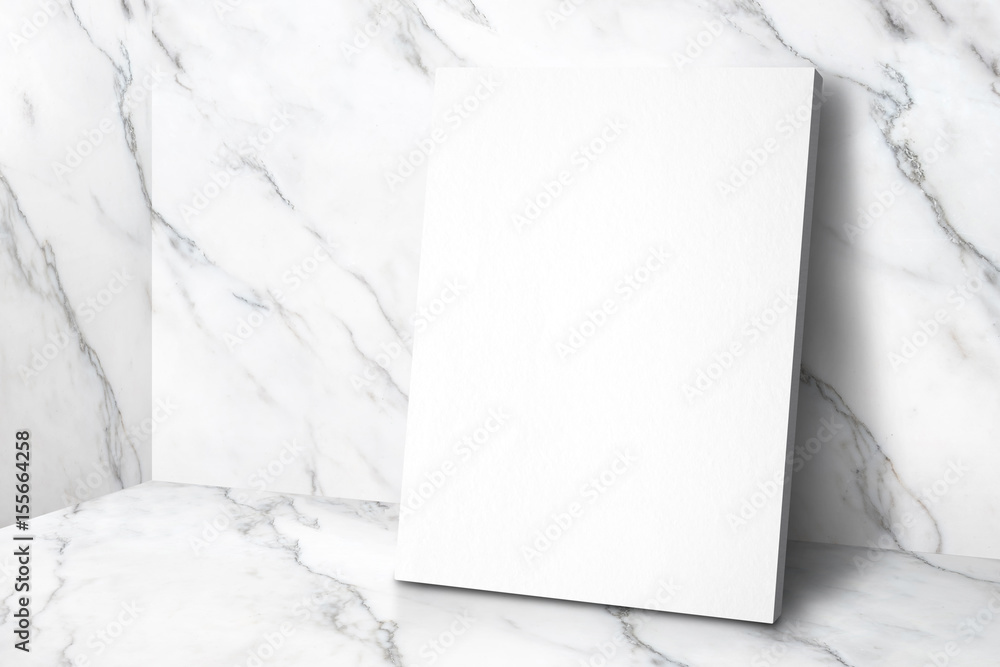 Poster blank white poster canvas in white glossy marble floor leaning at wall,mock up template for display 
