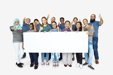 Group of people volunteer with empty board advertising