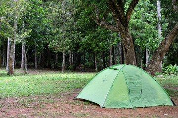 The light green tent is in the campsite in tropical jungle.