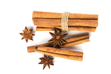 Close up the brown cinnamon stick with star anise spice isolated on white background , overhead and top view