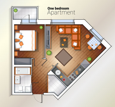 Vector modern one bedroom apartment top view illustration