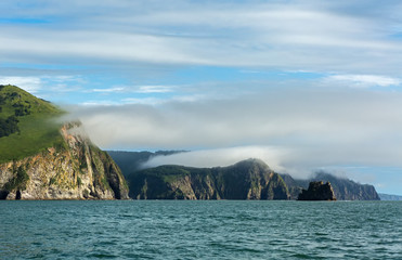 Beautiful coast of Kamchatka in clouds