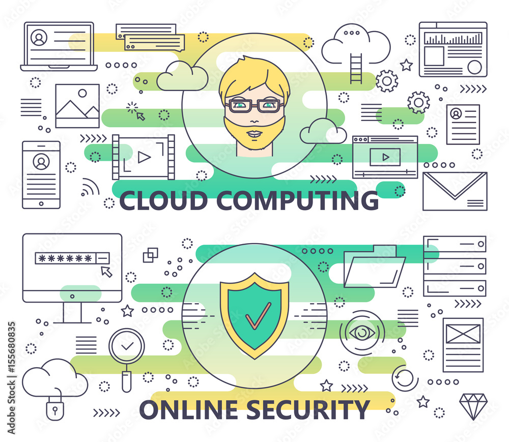 Poster vector modern thin line cloud computing and online security banners