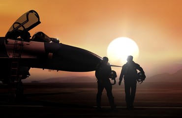 Fighter pilot and supersonic jet on military airbase during sunset - obrazy, fototapety, plakaty