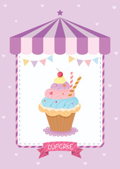 Cupcakes cafe decoration with awning tent on purple  pastel background colors.