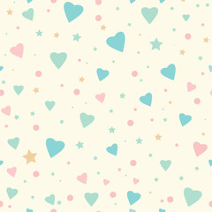 Seamless pattern with tiny hearts and dots in summer colors. Vector repeating texture.