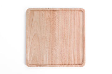 Square wooden tray on white background.