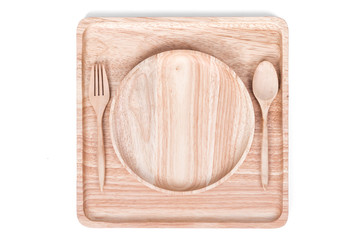 Square wooden dish set with spoon, on white background
