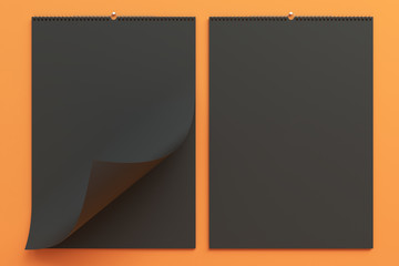 Black wall calendar mock-up on orange background
