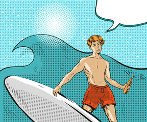 Vector pop art illustration of boy riding on ocean wave