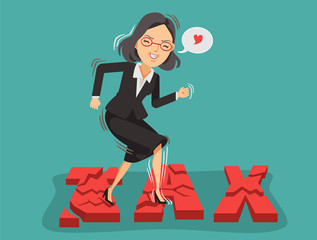 Tax Happy business woman stepped on the broken tax font. Tax rate reduction ideas. Vector illustration isolated on blue background
