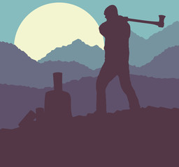 Logger with axe cut firewood vector background landscape