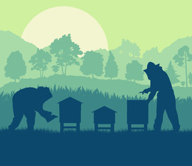 Beekeepers working with bees and hives vector background landscape