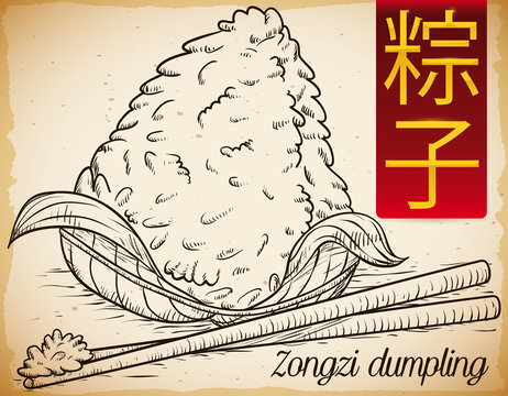Realistic Hand Drawn Zongzi Dumpling with Chopsticks, Vector Illustration