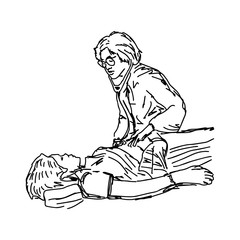 female doctor checking a female patient. Medical concept - vector illustration sketch hand drawn with black lines, isolated on white background