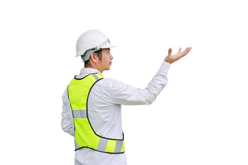 Male construction worker expression hand up isolated on white background.