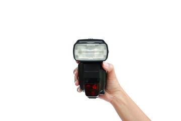 hand holding a flash light isolated on white background.