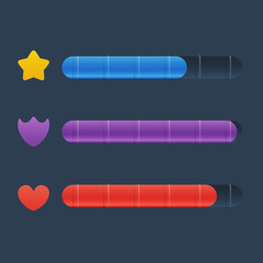 Set of three colorful resource bar in cartoon style isolated on dark background. Vector illustration for game development, gui design.