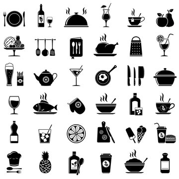 Set of cooking, kitchen tools, food and drinks abstract vector icons