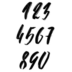 Set of calligraphic ink numbers. Dry brush lettering. Vector illustration.