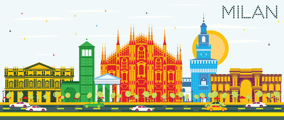 Naklejka premium Milan Skyline with Color Landmarks and Blue Sky.