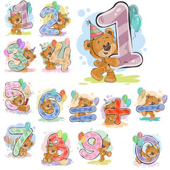A set of vector illustrations with a brown teddy bear and numerals and mathematical symbols. Prints, templates, design elements for greeting cards, invitation cards, postcards
