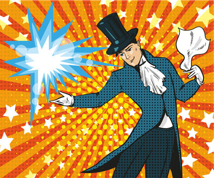 Vector Pop Art Illustration Of Magician Performing Trick