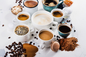 Variety of coffee in ceramic cups