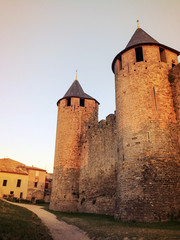 Fototapeta na wymiar Stone towers of the historic fortified city of Carcassonne in France