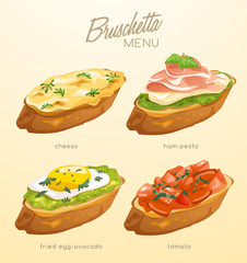 Set of Bruschetta : Delicious Italian appetizer : Vector Illustration