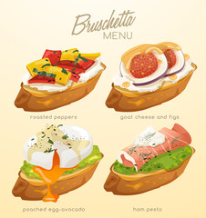 Set of Bruschetta : Delicious Italian appetizer : Vector Illustration