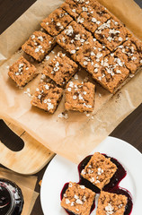 Homemade baking. Sweet Dessert. Oatmeal cake with blueberry jam 