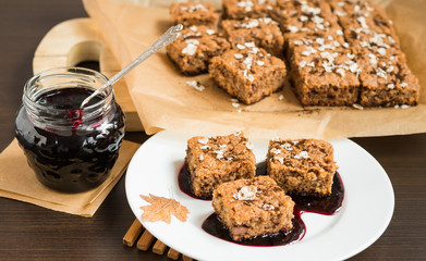 Homemade baking. Sweet Dessert. Oatmeal cake with blueberry jam 