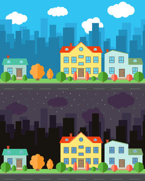 Vector city with one and two-story cartoon houses in the day and night. Summer urban landscape. Street view with cityscape on a background
