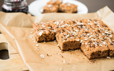 Homemade baking. Sweet Dessert. Oatmeal cake with blueberry jam 