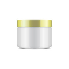 Round white plastic jar with gold cap for cosmetics. Vector mockup template