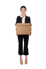 A young woman carrying a box