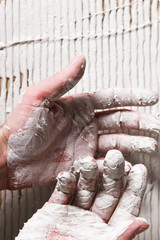 Closeup Worker Hands White Plaster Repair Background Stucco Surface Construction Concept